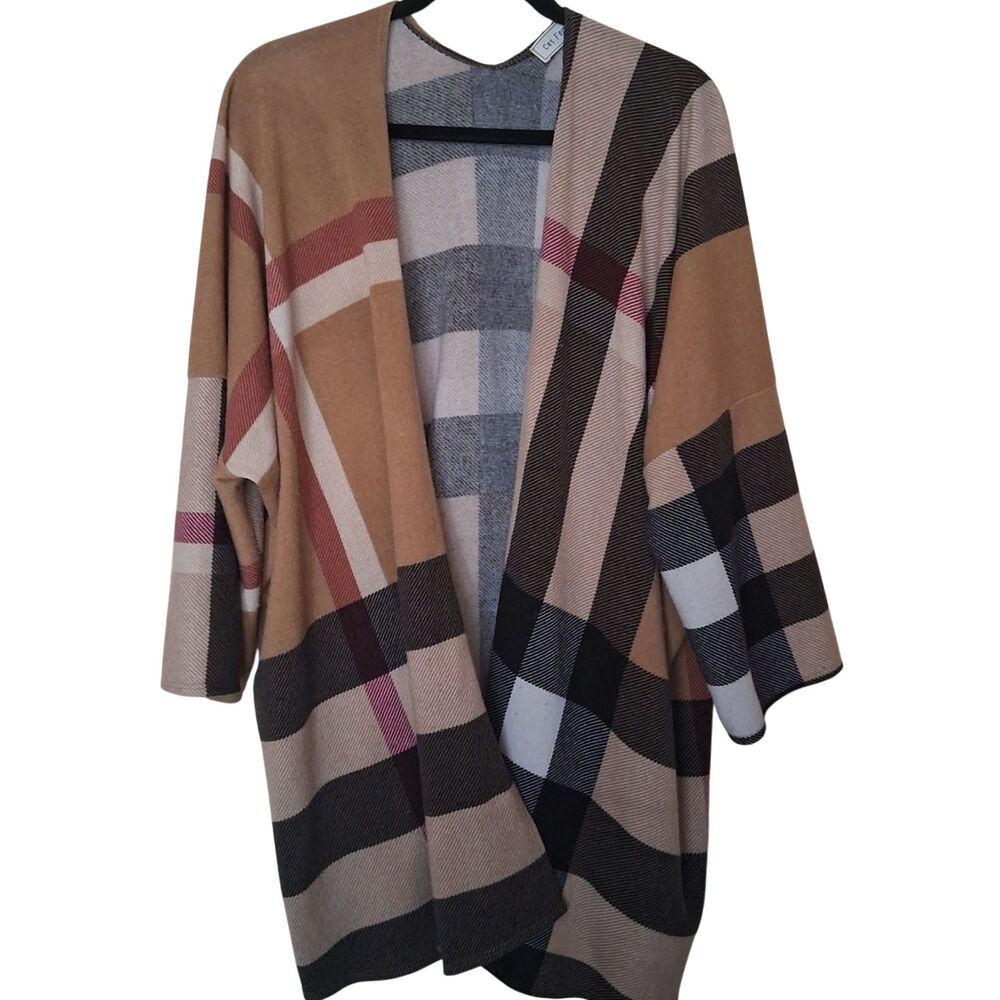 Ces Femme Tan Black Plaid Open-Front Kimono Cardigan Women's